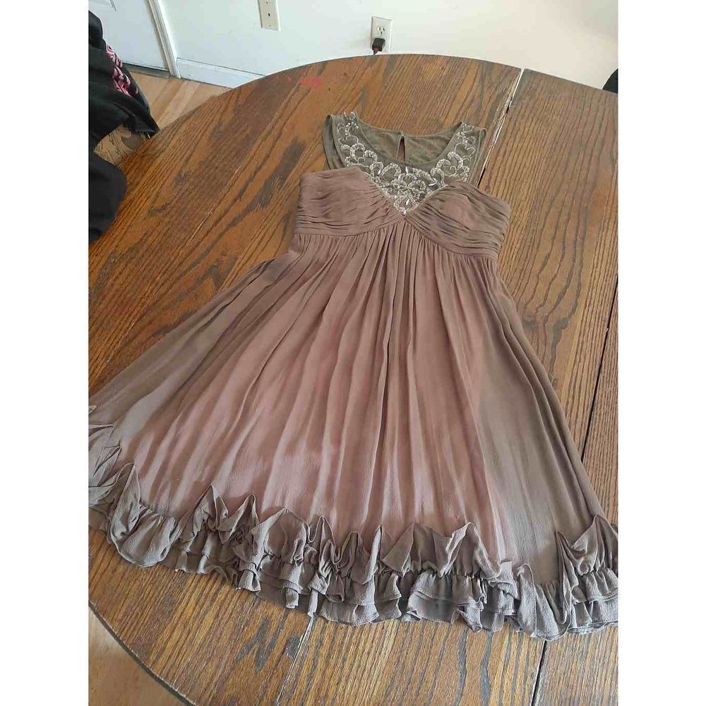 Size 2 Decode Brown Peach Ruffled Hem Rhinestone Mini Dress Christmas New Years
